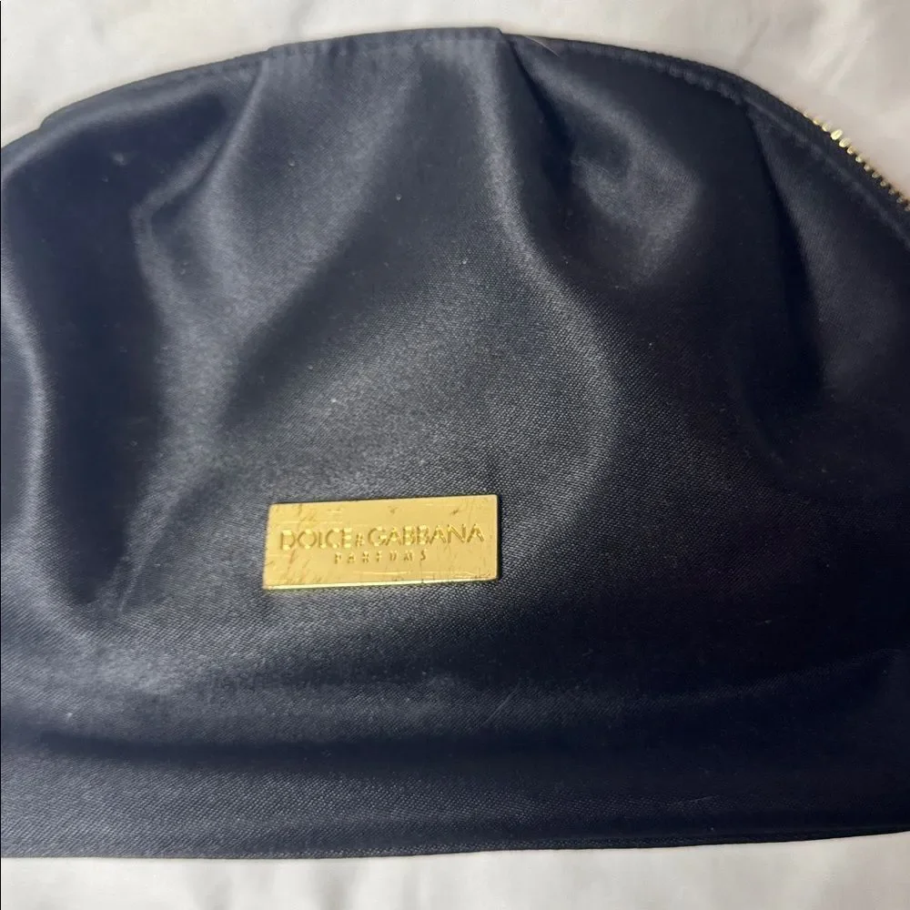 Dolce And Cabbana Black Satin Cosmetic Pouch with Gold Plaque